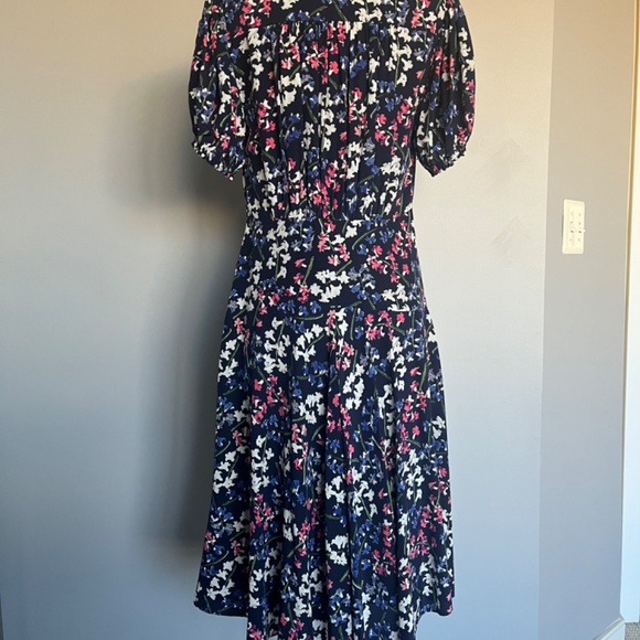 Lewit Dress 100% Silk Floral Garden A Line Navy Flounce Keyhole Cocktail Dress 6 - Picture 9 of 15